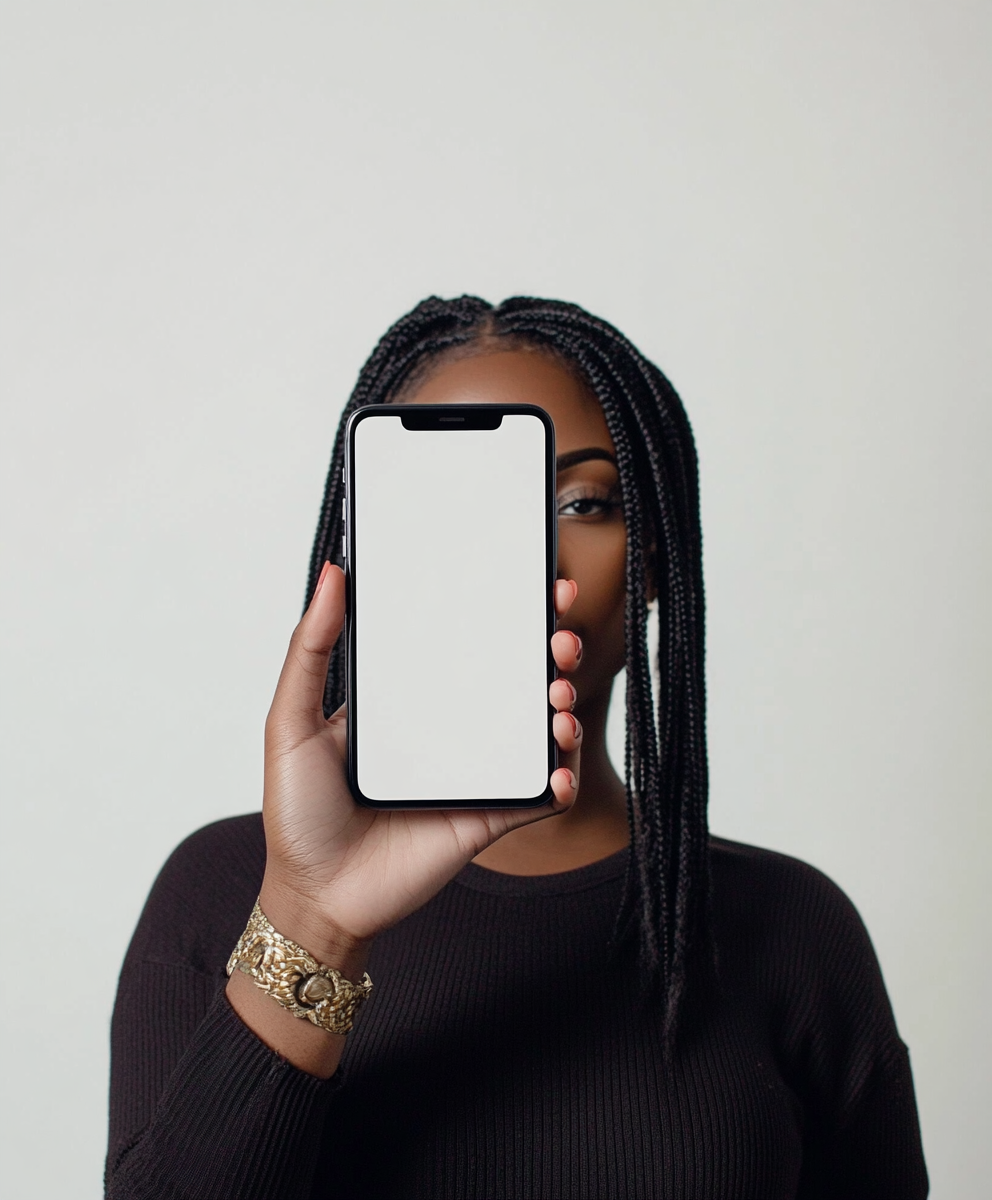 A hand holding iPhone in mockup style.