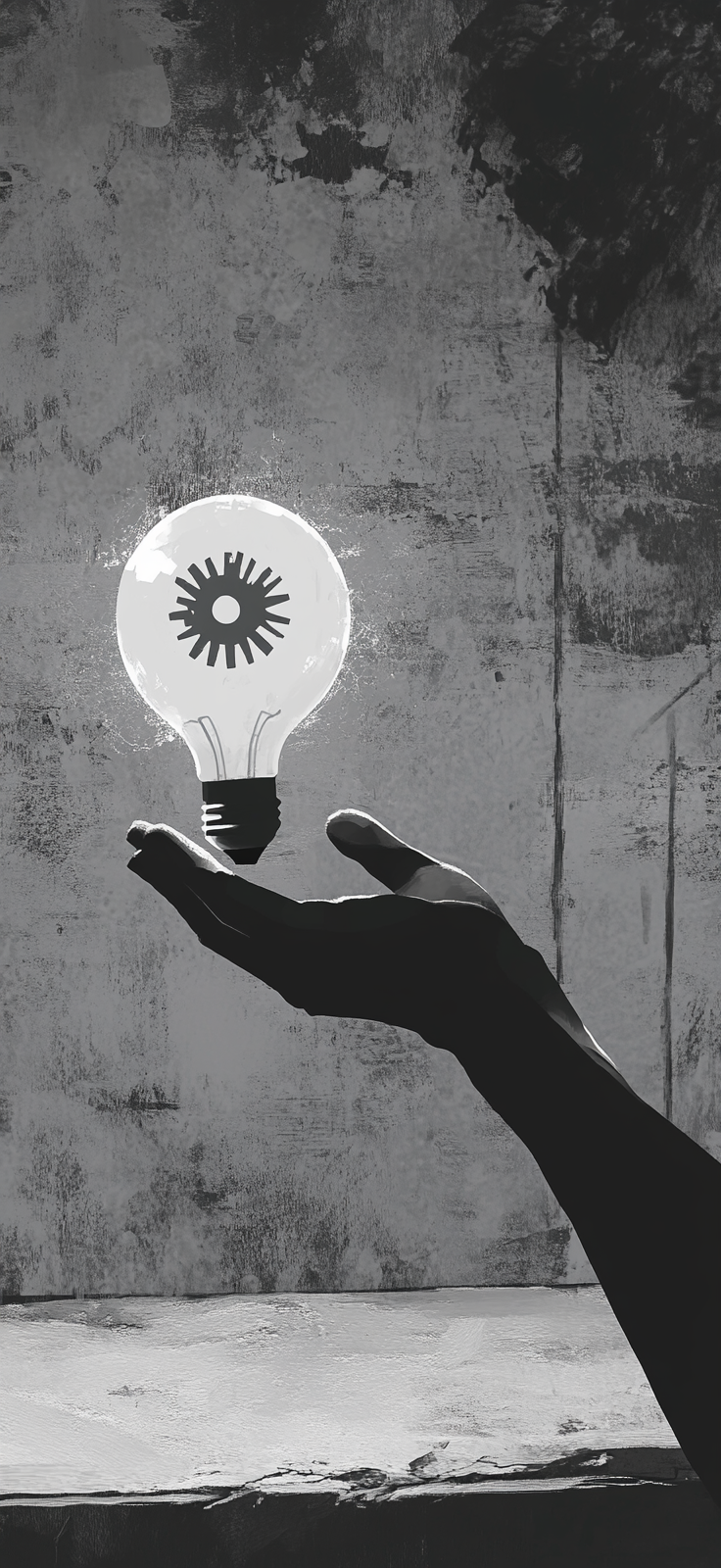 A hand holding lightbulb with floating gear in gray.