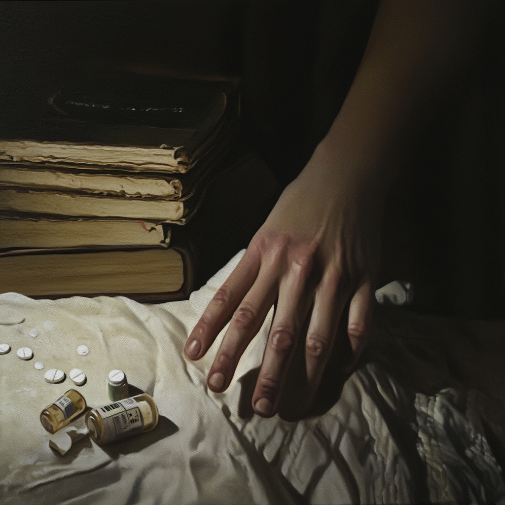 A hand on bed with books & pill bottles