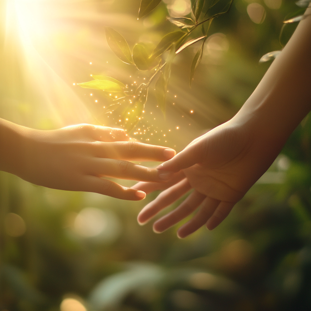 A hand reaching out with glowing light.