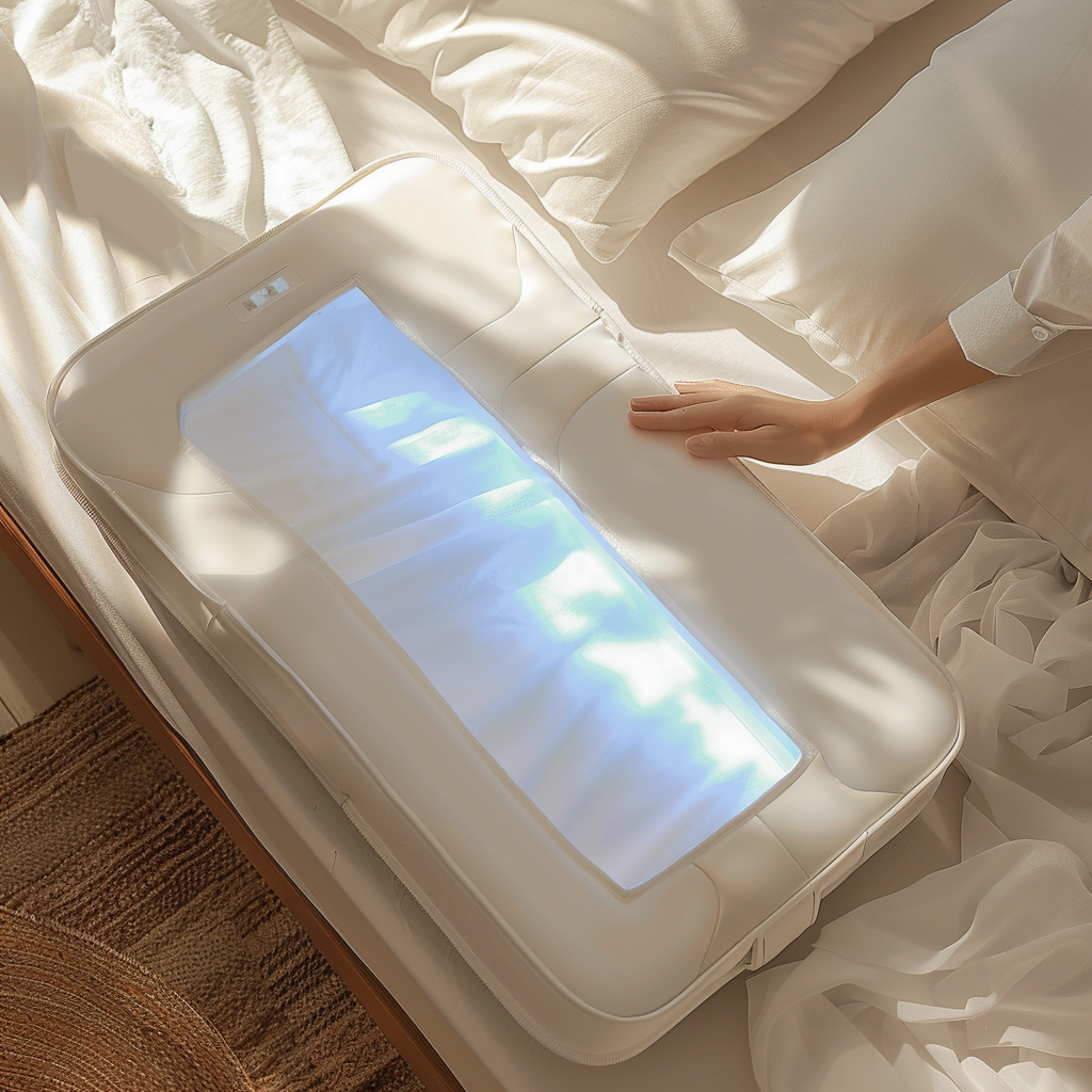 A hand uses UV sterilizer on mattress, glowing blue.