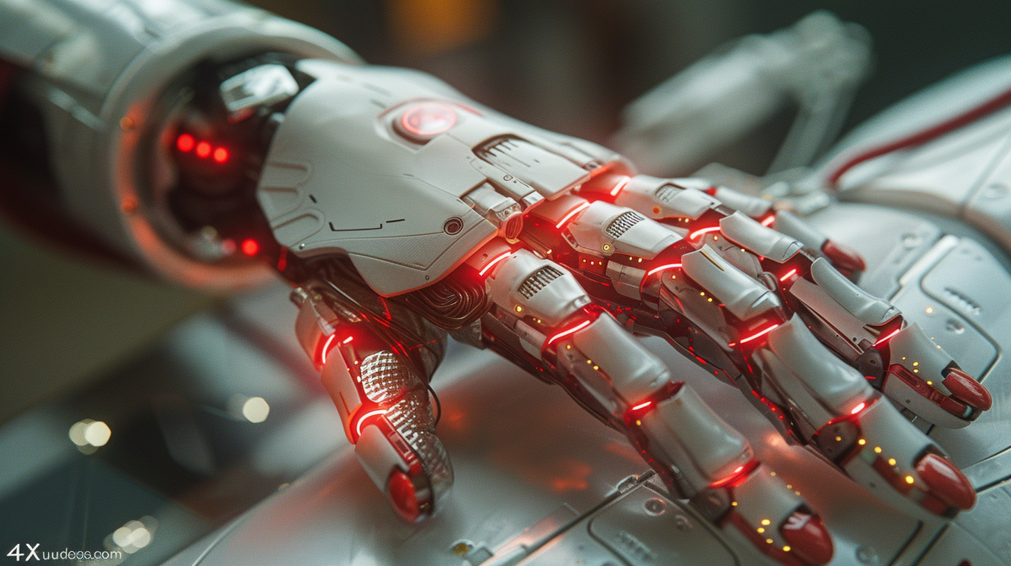 A hand with red laser glove guides robot