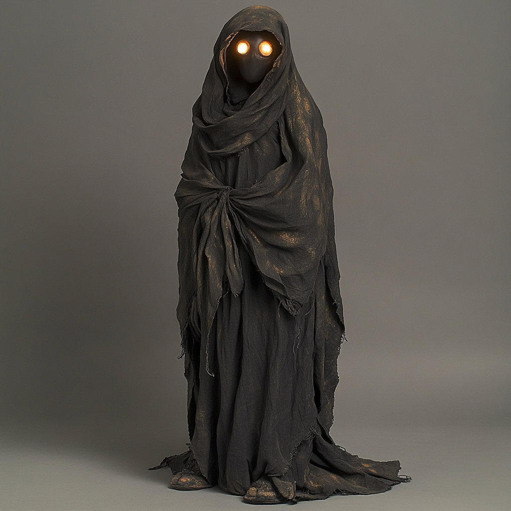 A handmade puppet with glowing eyes in tattered cloak.