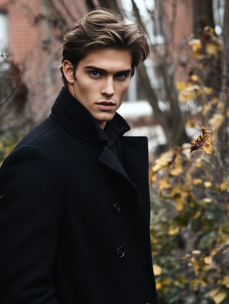 A handsome 21-year-old man in black coat