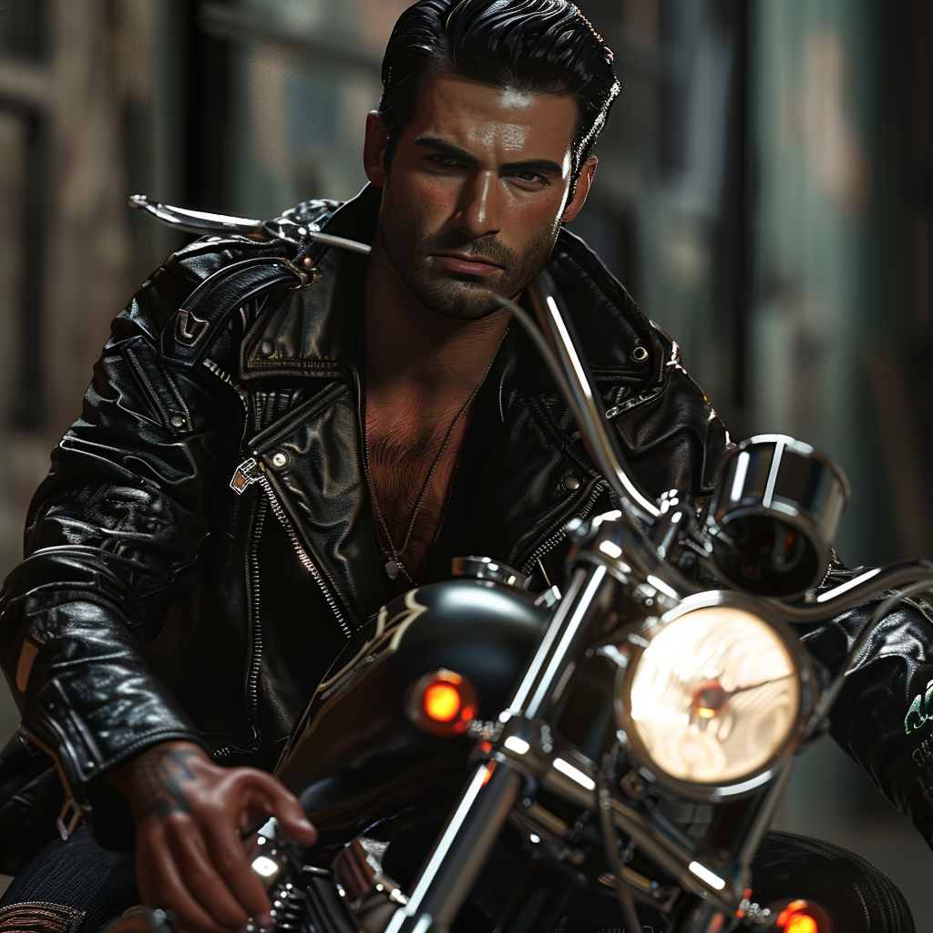 A handsome Italian American man on a motorcycle.