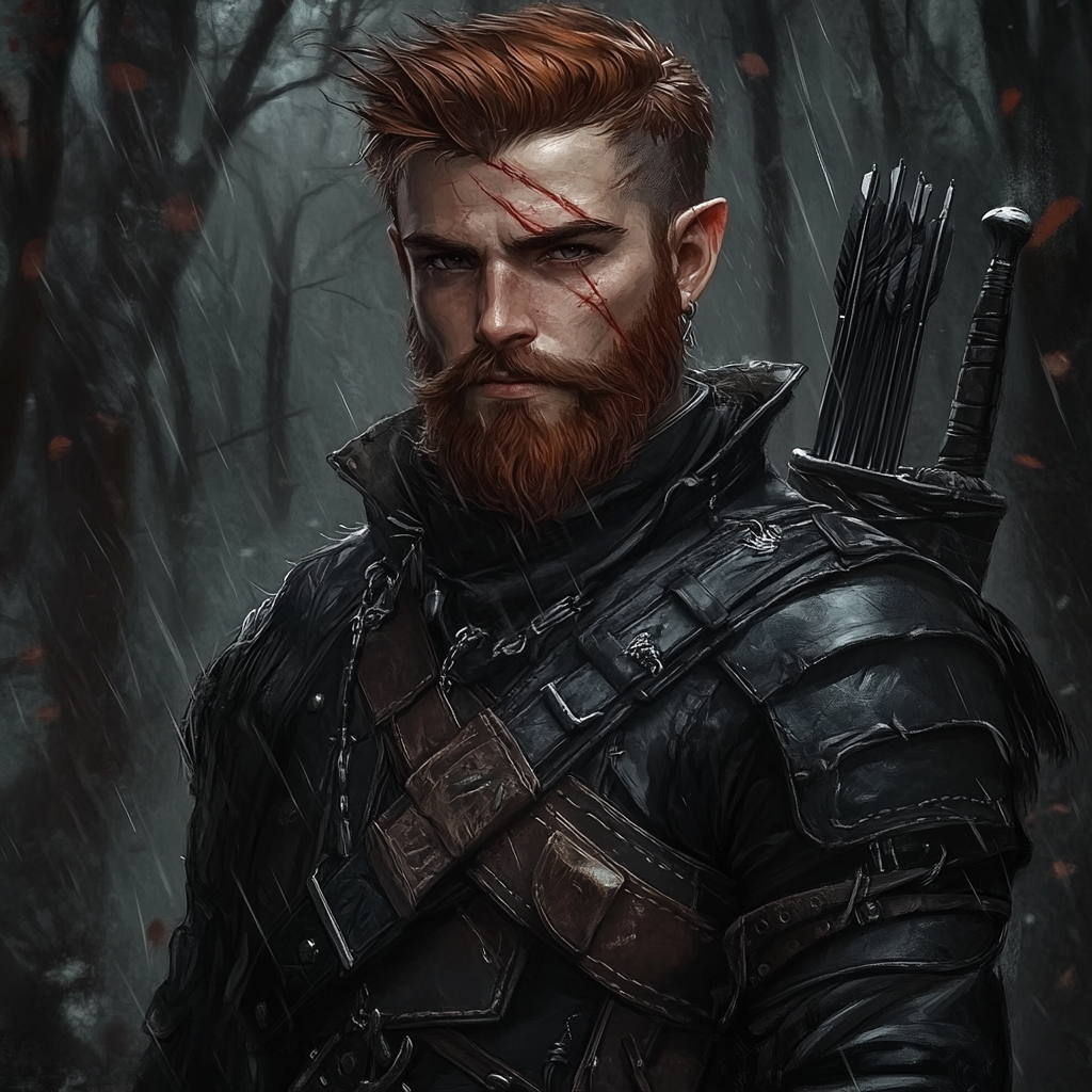 A handsome half-elf ranger in black armor.