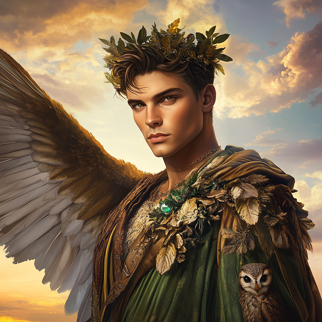 A handsome male Angel flying in emerald green clothes