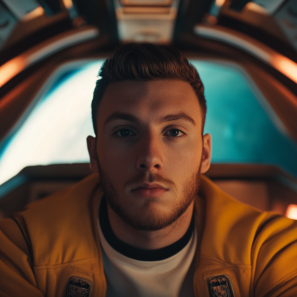 A handsome male influencer in spaceship, looking at camera.