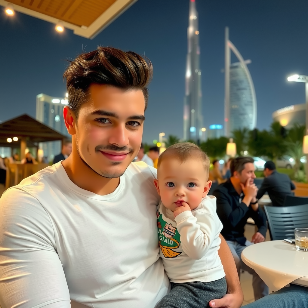 A handsome man holding a baby boy outdoors.