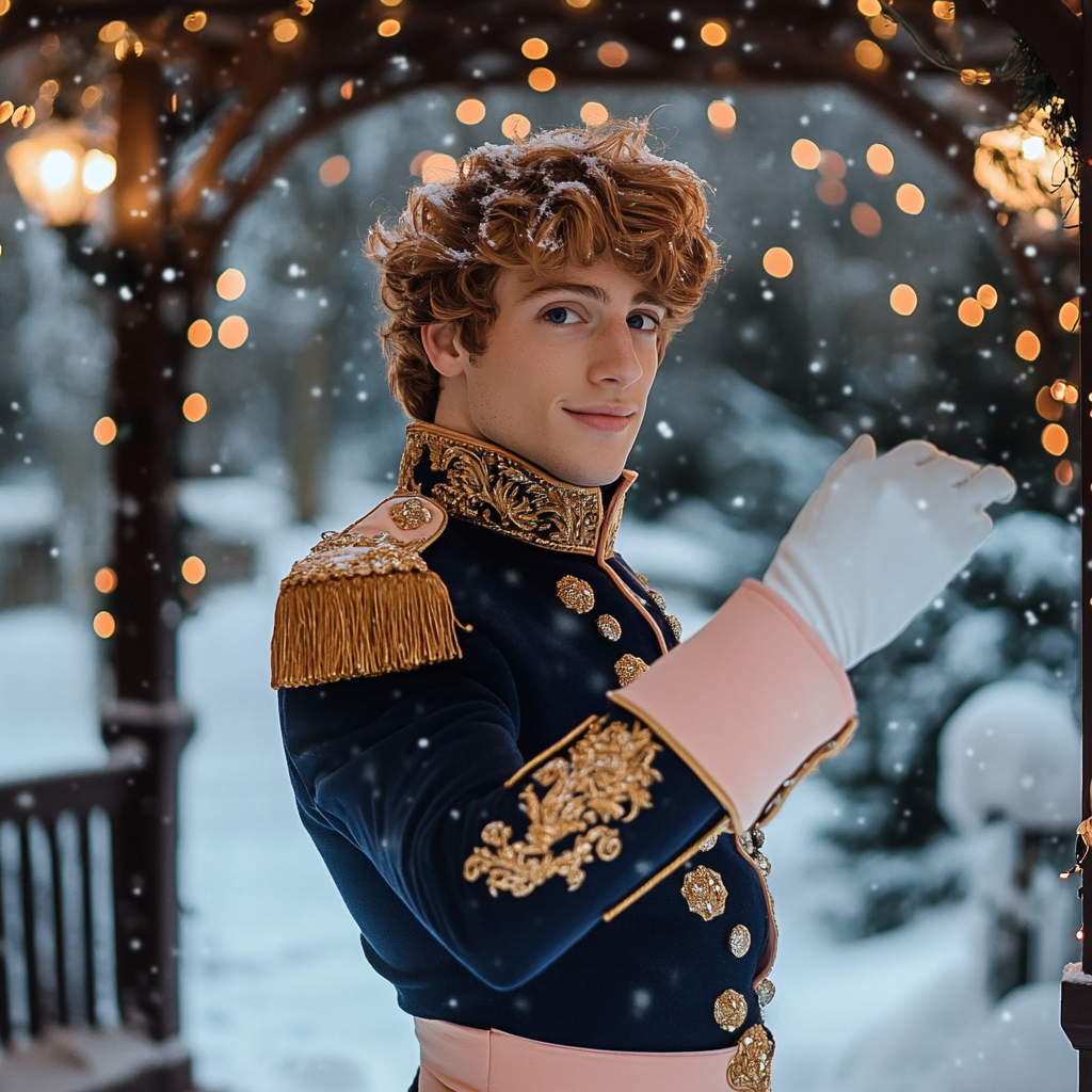 A handsome man in festive uniform at snowy gazebo.