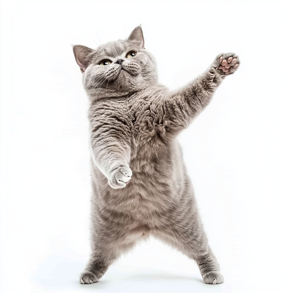 A happy British shorthair cat posing on two legs.