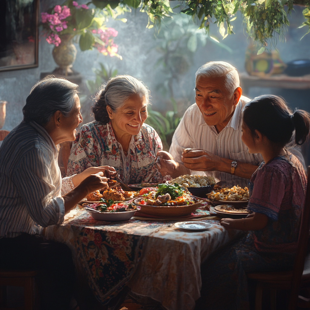 A happy Guatemalan family sharing a meal together