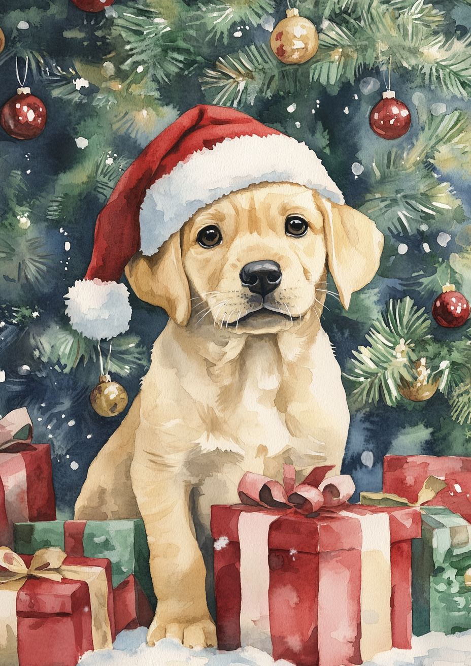 A happy Labrador puppy in Santa hat