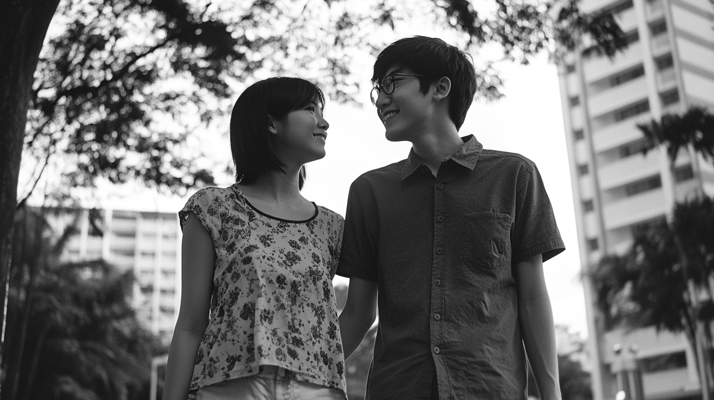 A happy Singaporean boy with his friend at park