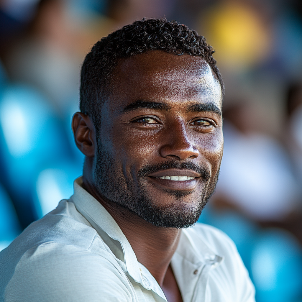 A happy Tanzanian man enjoying sports at stadium