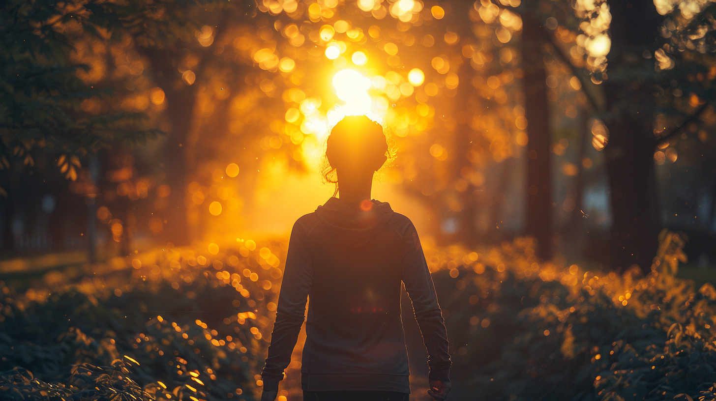 A happy adult walking in peaceful morning park