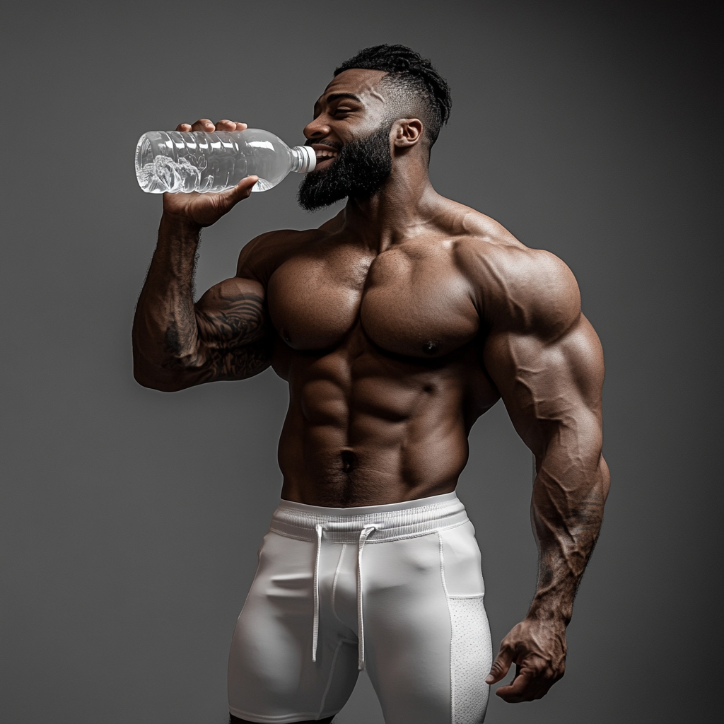 A happy athlete at the gym drinking water.