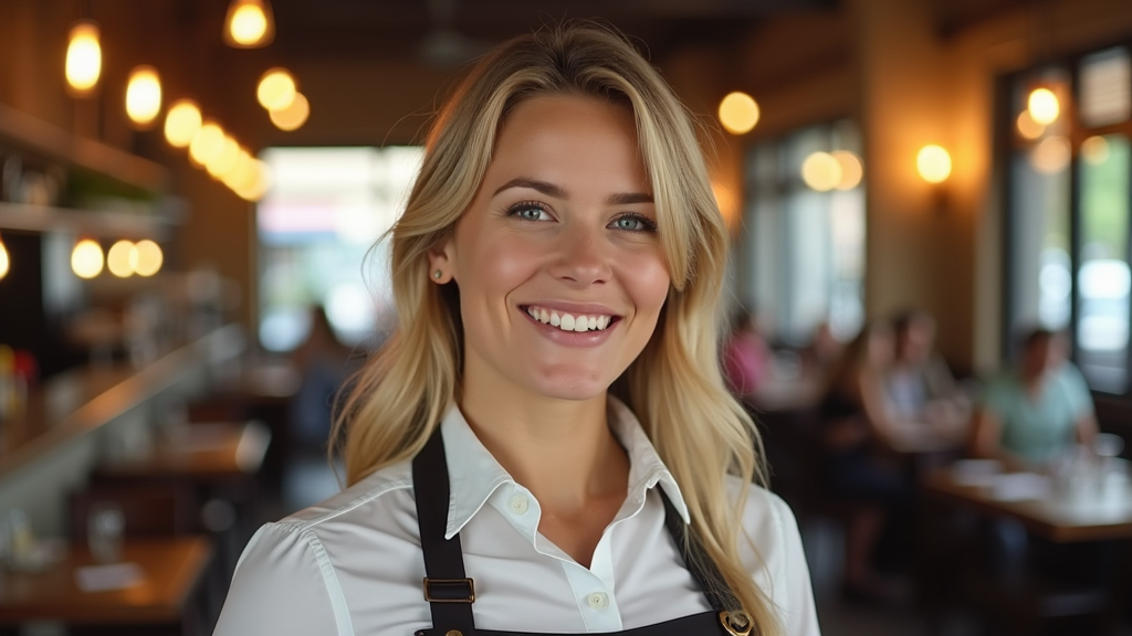 A happy blonde waitress in a bustling restaurant.