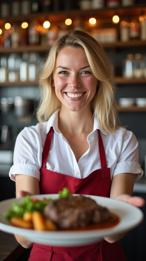 A happy blonde waitress serving beef dish.