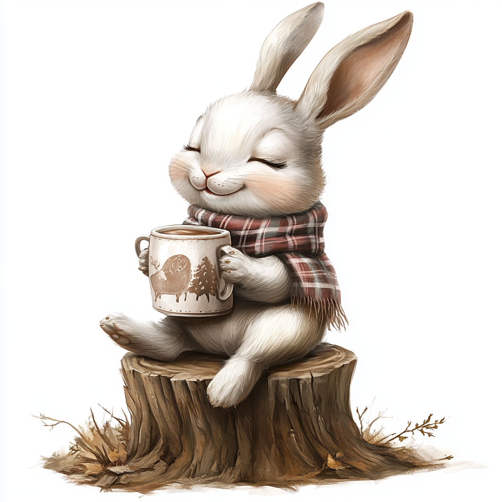 A happy bunny with hot chocolate on a stump.