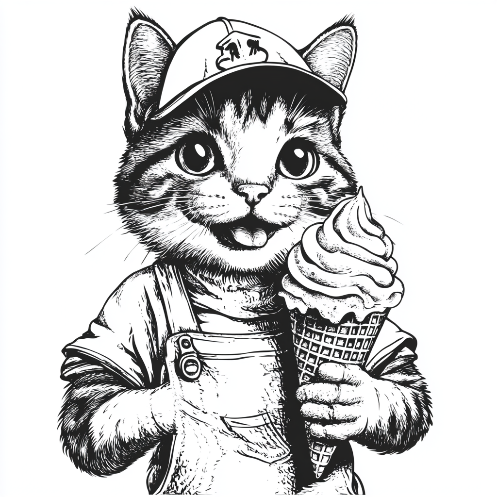 A happy cat holds ice cream in parlor