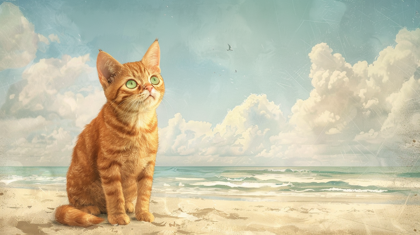 A happy cat on sunny beach in children's book.