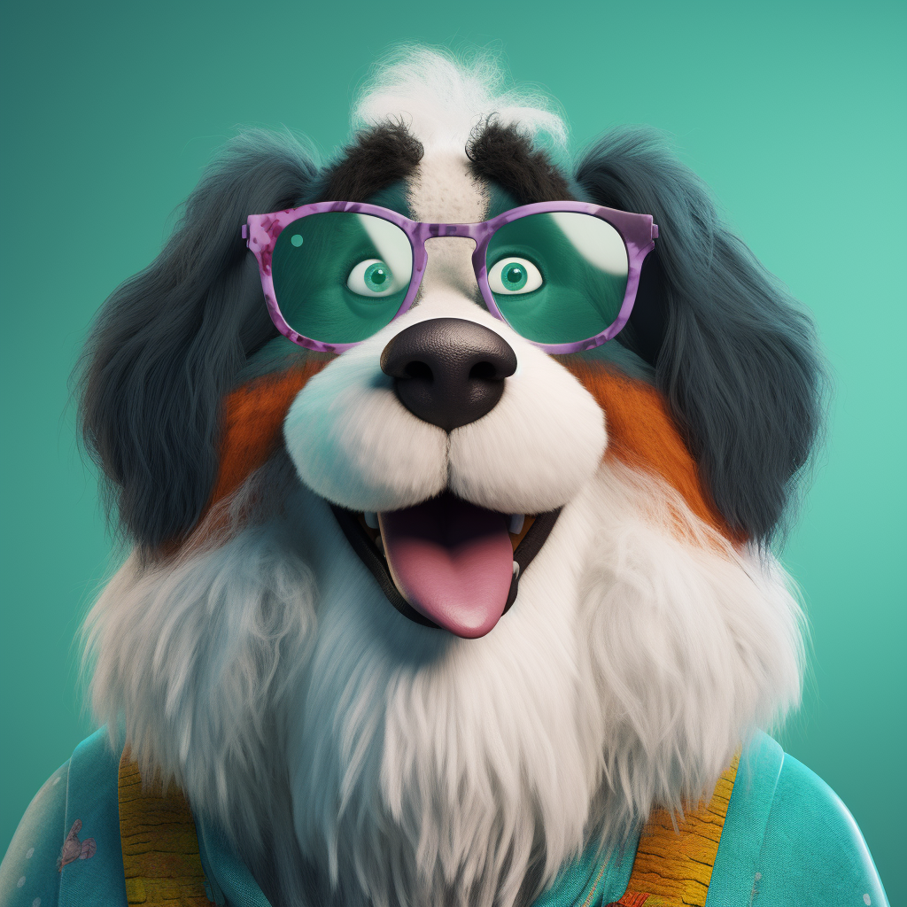 A happy dog with glasses, clown makeup portrait.