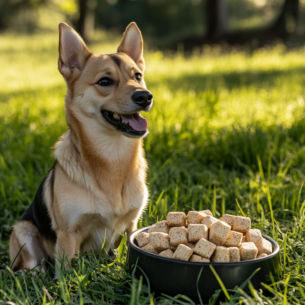 A happy dog with treats in grassy field.