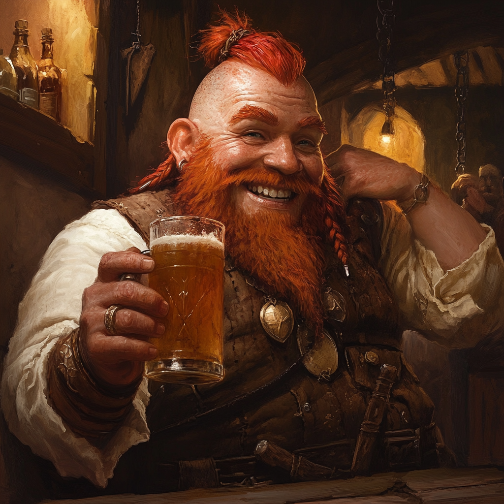 A happy dwarf with red hair drinking in tavern.