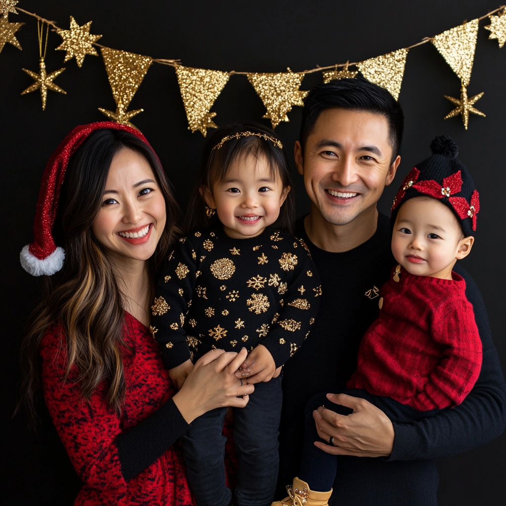 A happy family celebrating Christmas with festive outfits