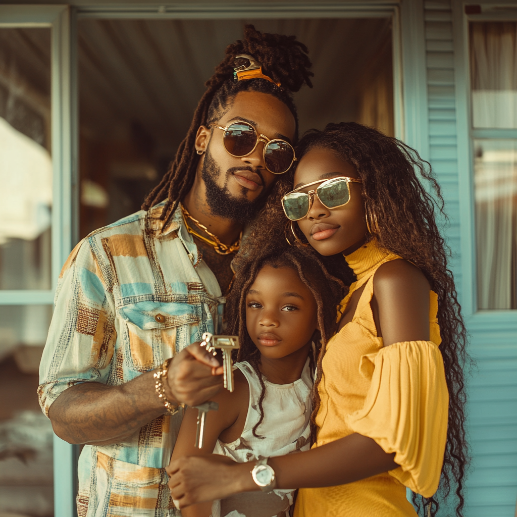 A happy family in front of their new house