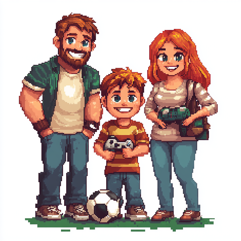 A happy family of four in colorful pixel art.