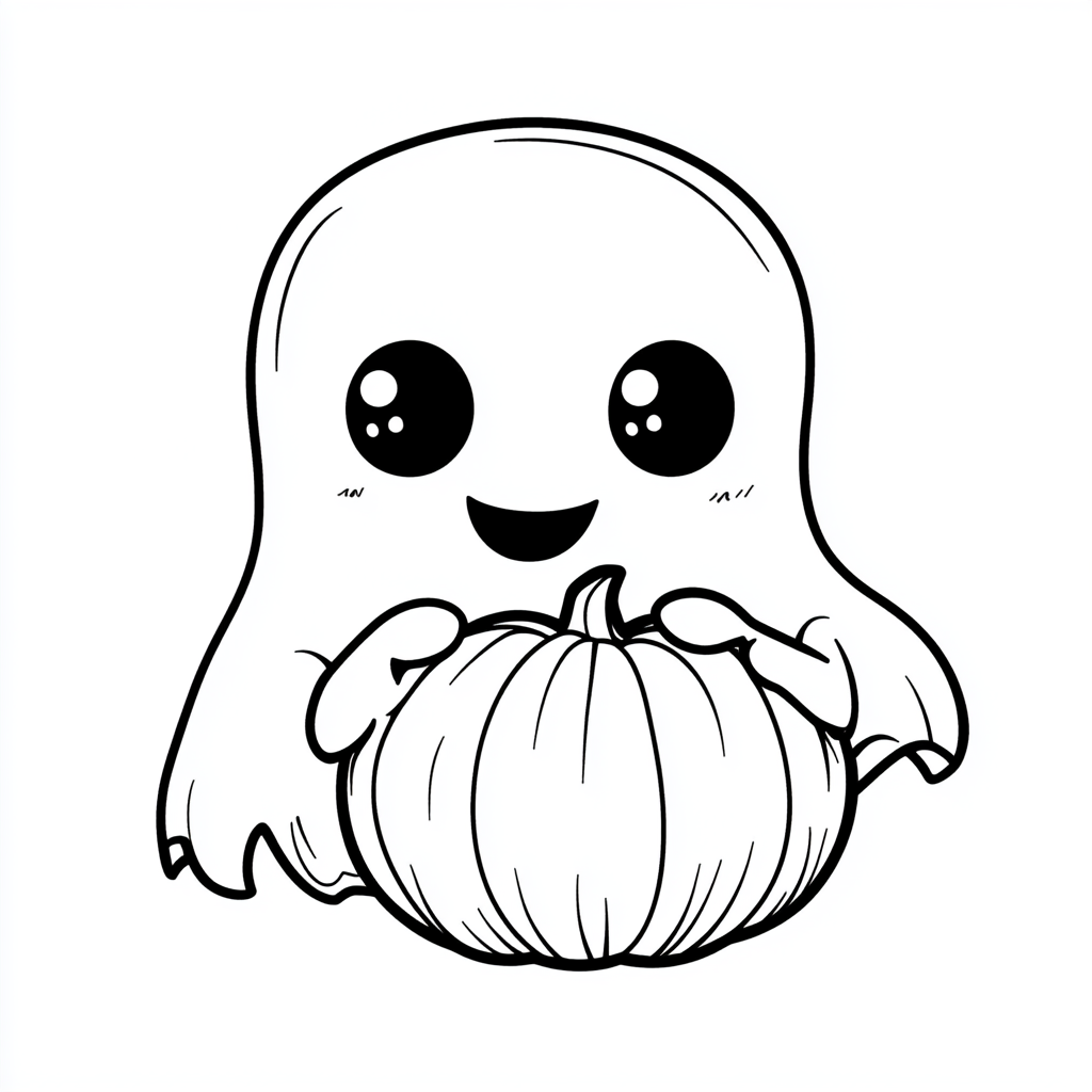 A happy ghost holding a small pumpkin drawing.