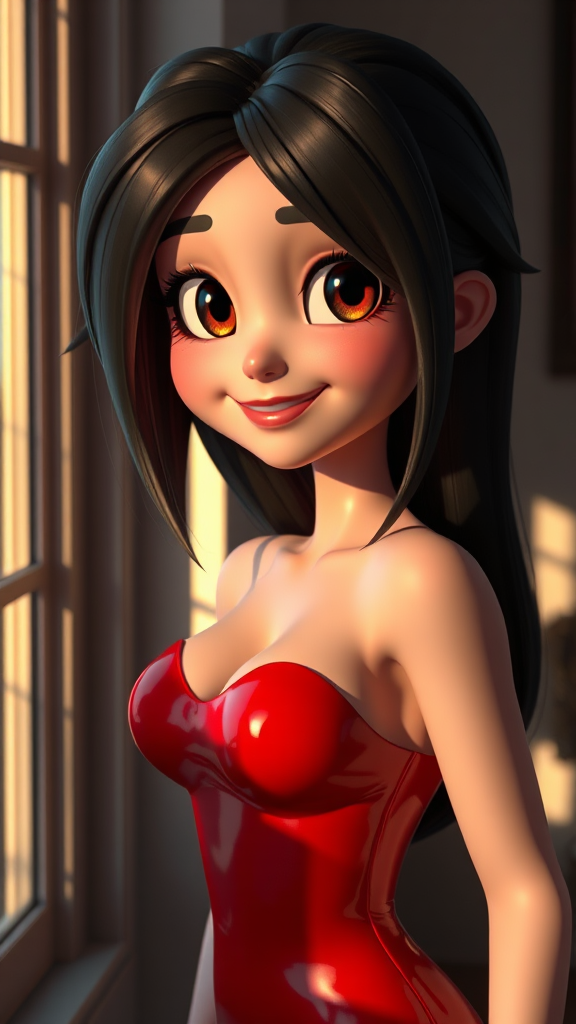 A happy girl in red dress under light.