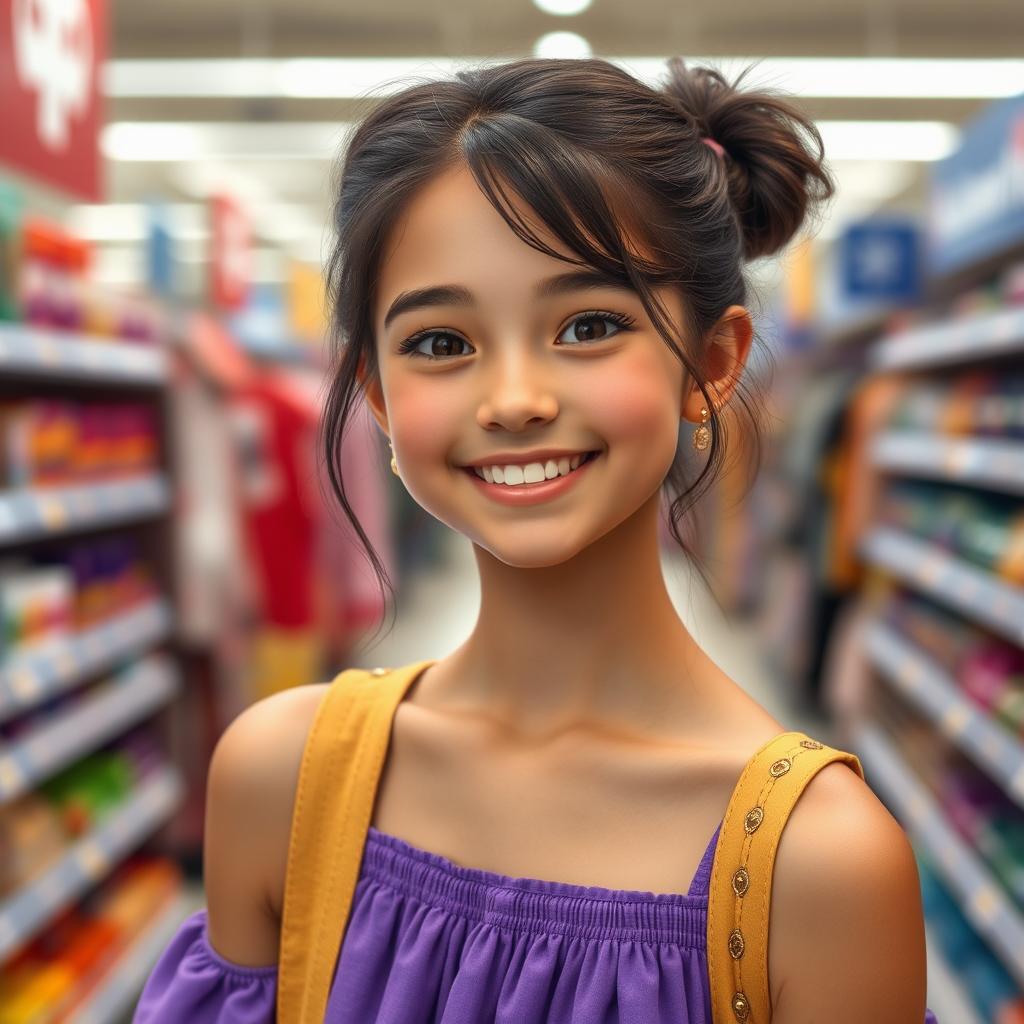 A happy girl shopping for clothes at Walmart.