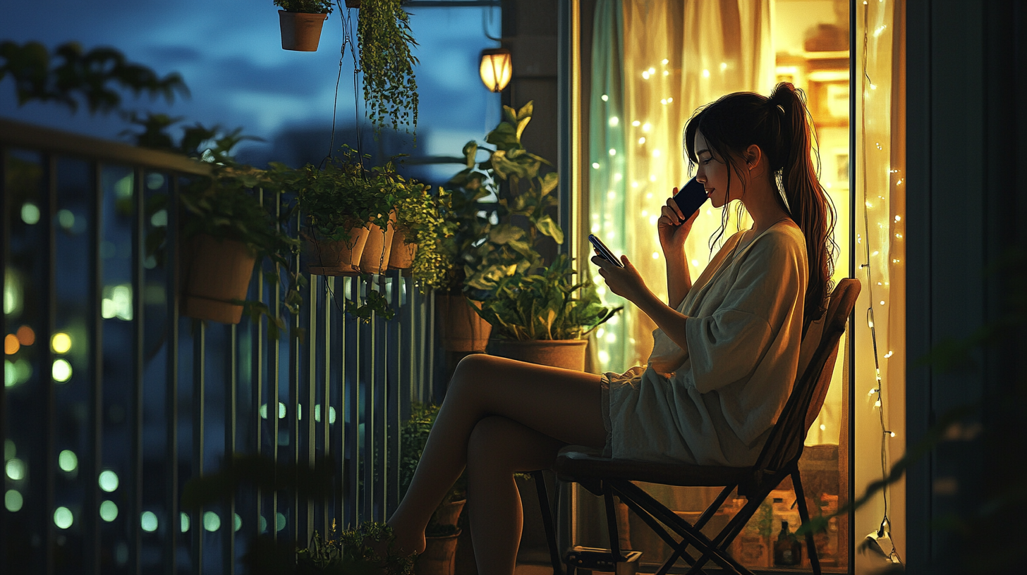 A happy girl talking on phone at night