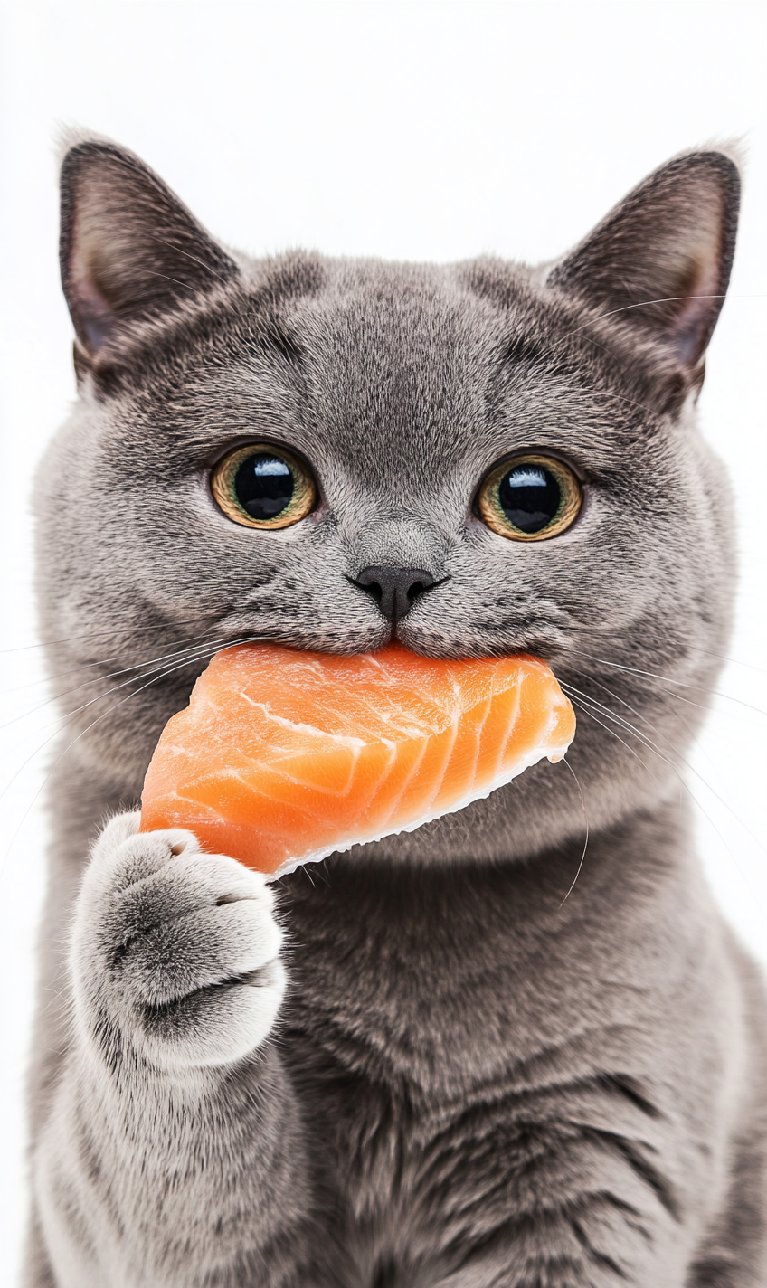 A happy grey cat with salmon in mouth