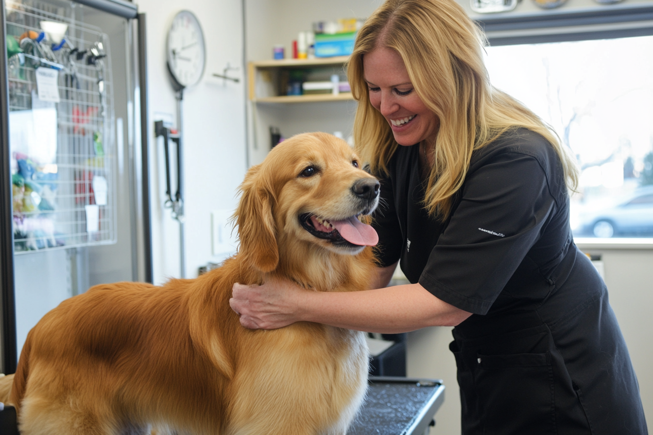 A happy groomer taking care of animals