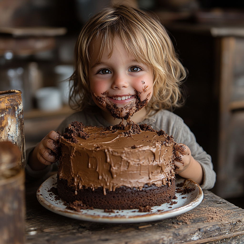 A happy kid eating chocolate cake at restaurant