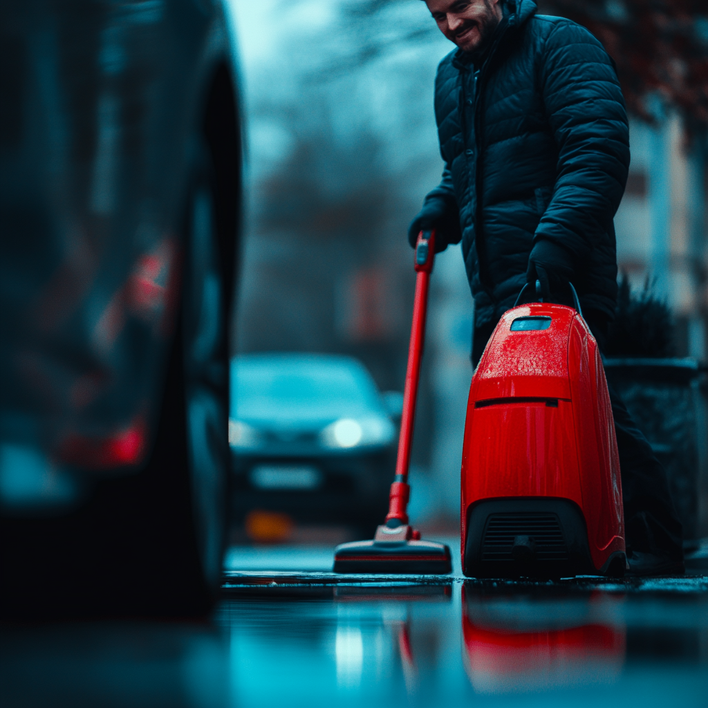 A happy man by a car with vacuum.