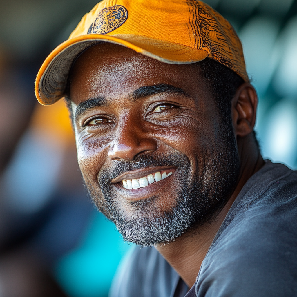 A happy man from Tanzania smiles in stadium