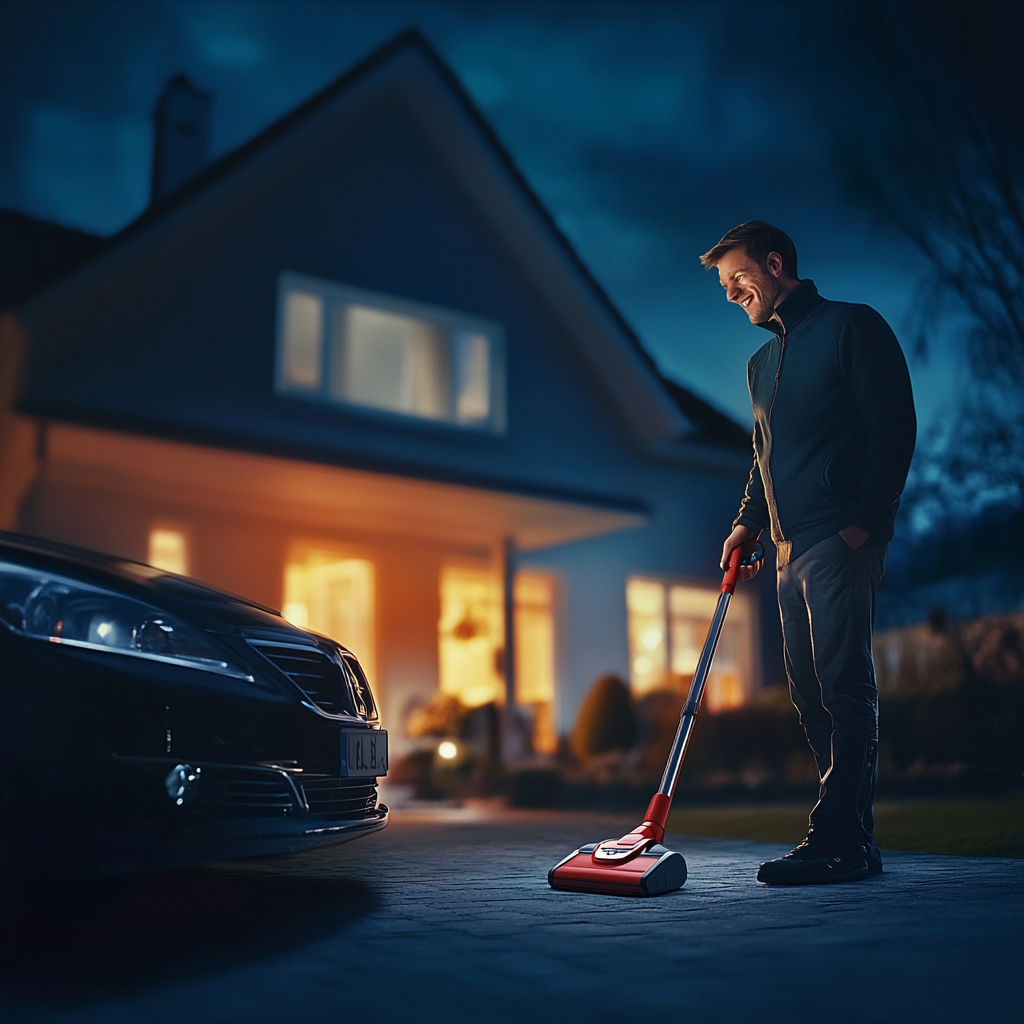 A happy man next to car in front house.