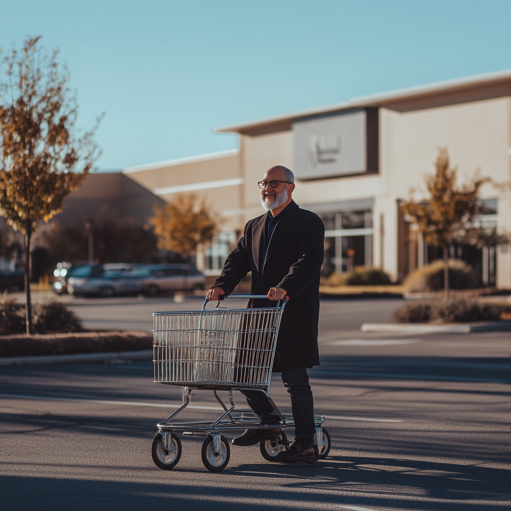 A happy man rides shopping cart in parking lot.