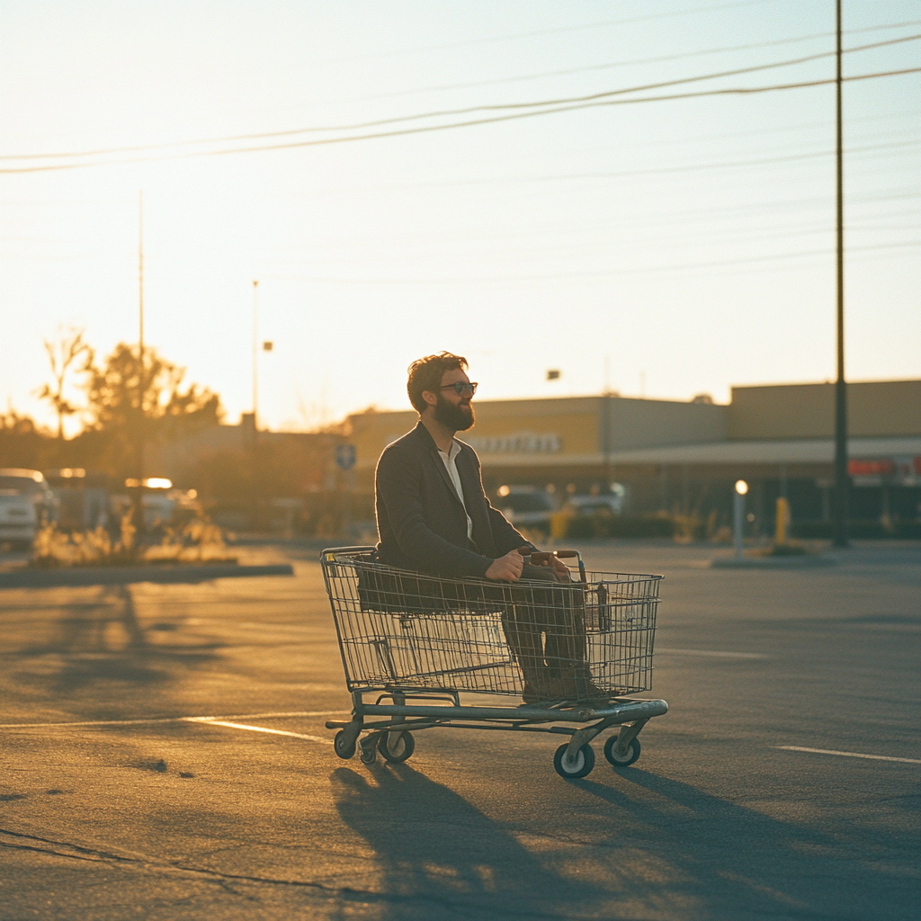 A happy man riding shopping cart in parking lot.