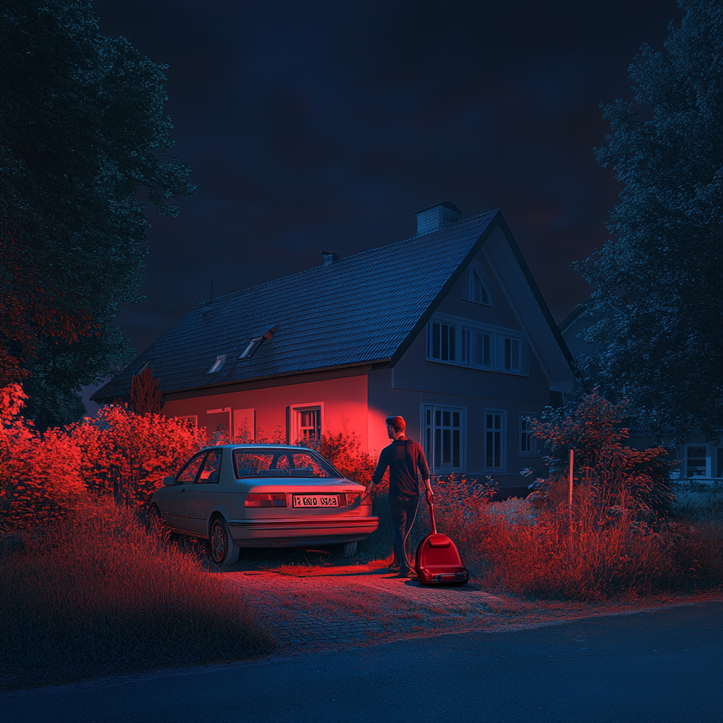 A happy man with a car and house.