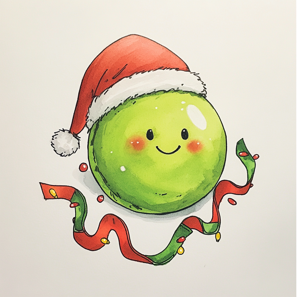 A happy pea with Santa hat and ribbon.