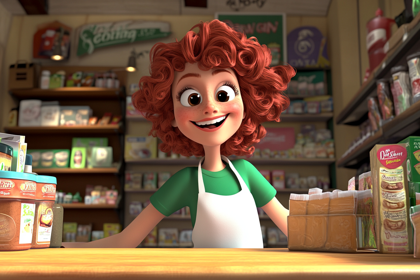 A happy red-haired cartoon character at her store