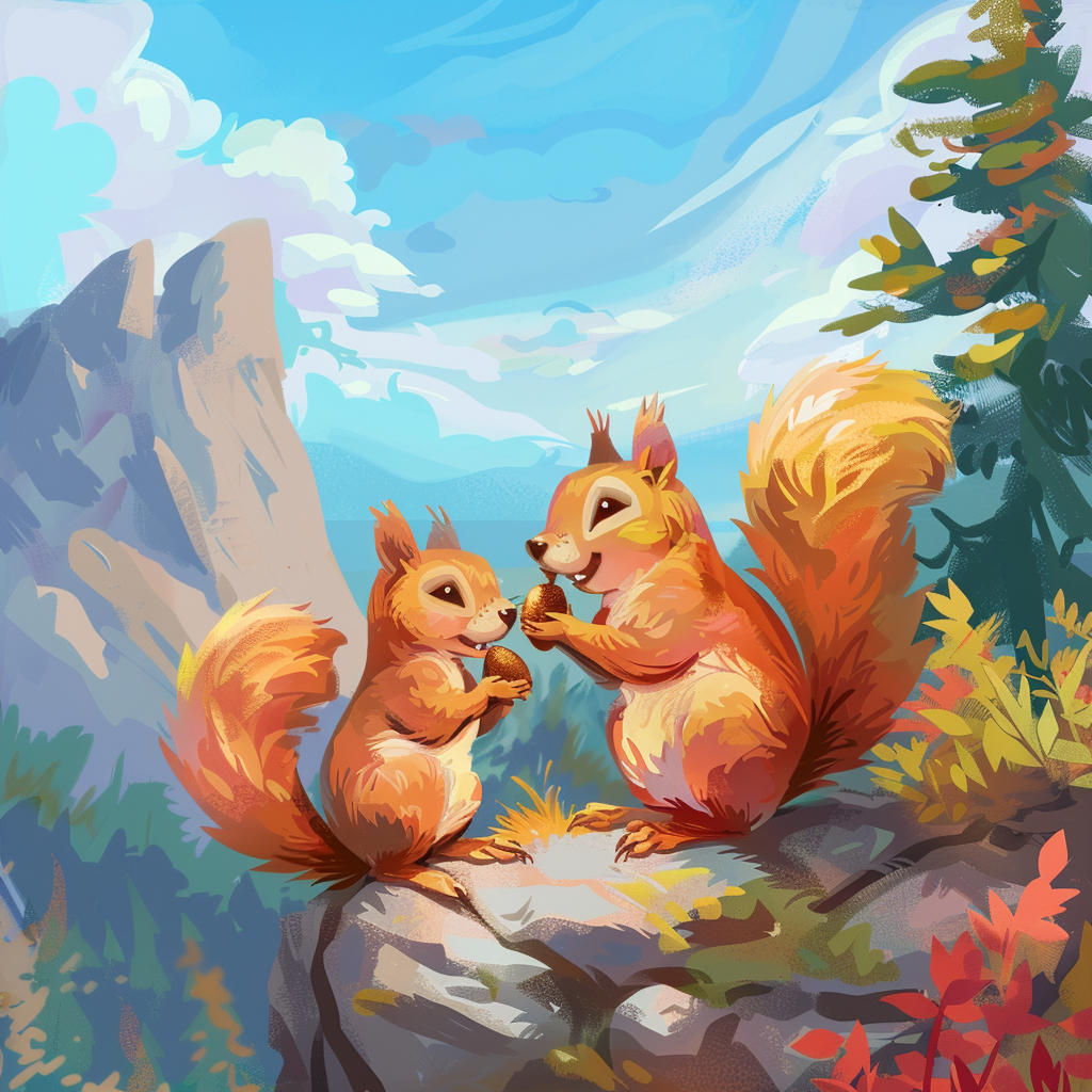 A happy squirrel eating acorn on vibrant mountain.