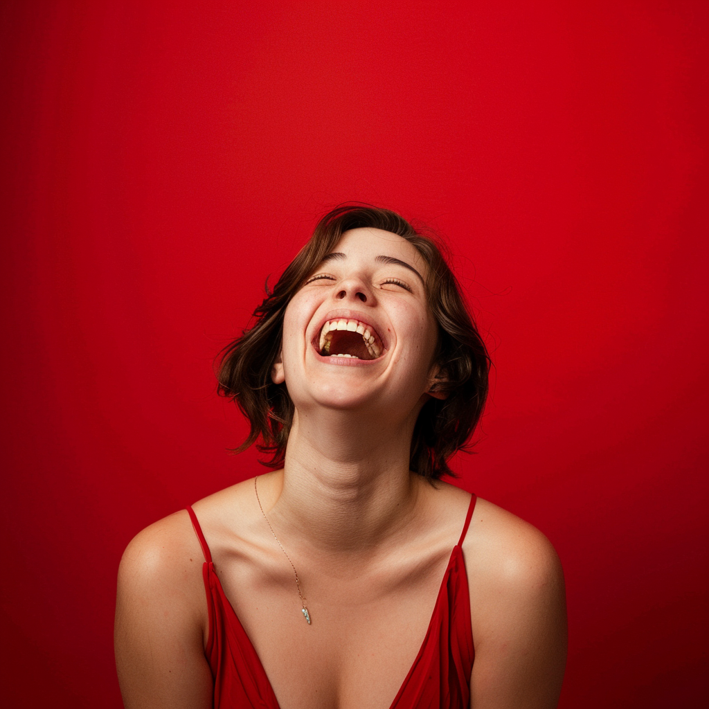 A happy woman in front of red backdrop.