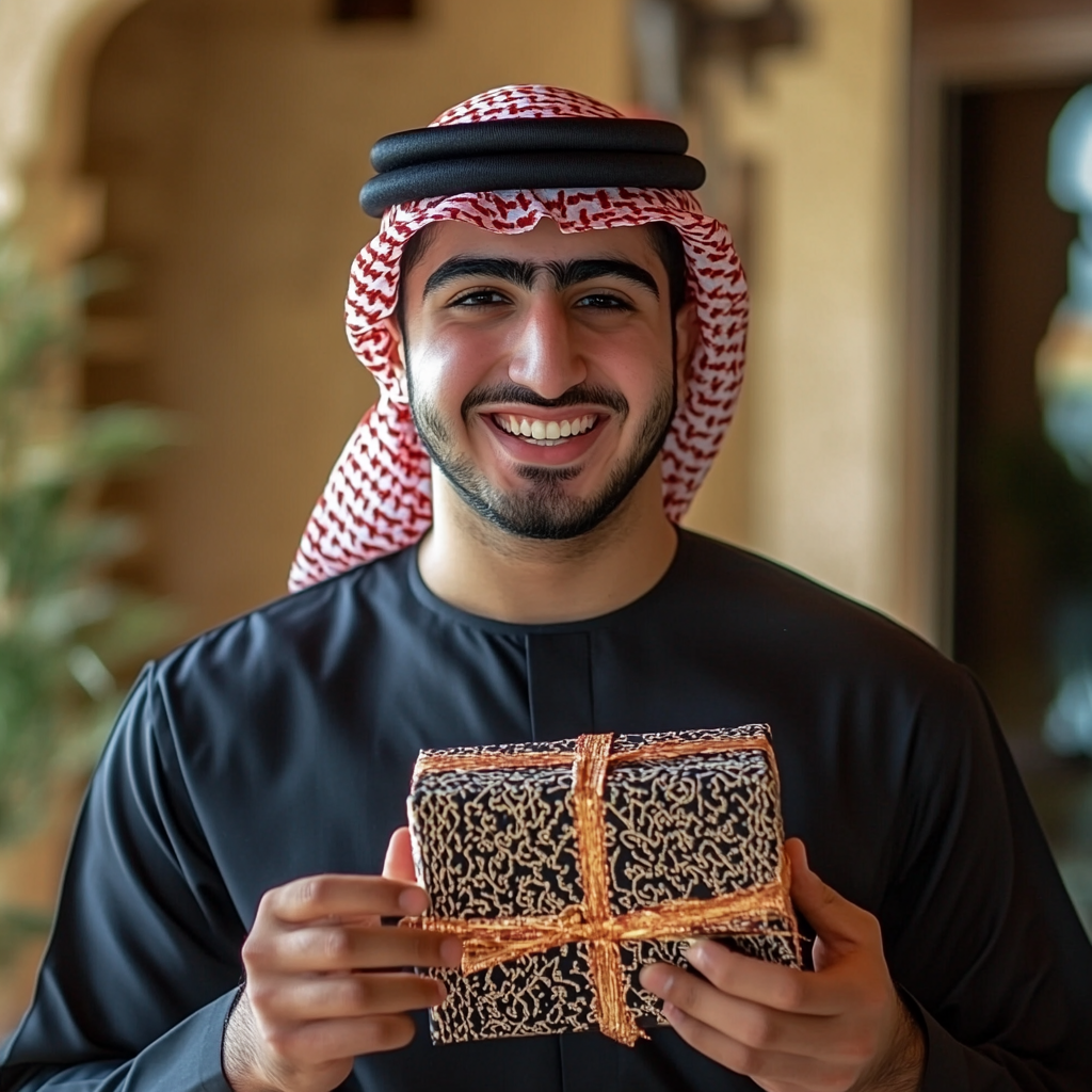 A happy young man holding surprise gift box.